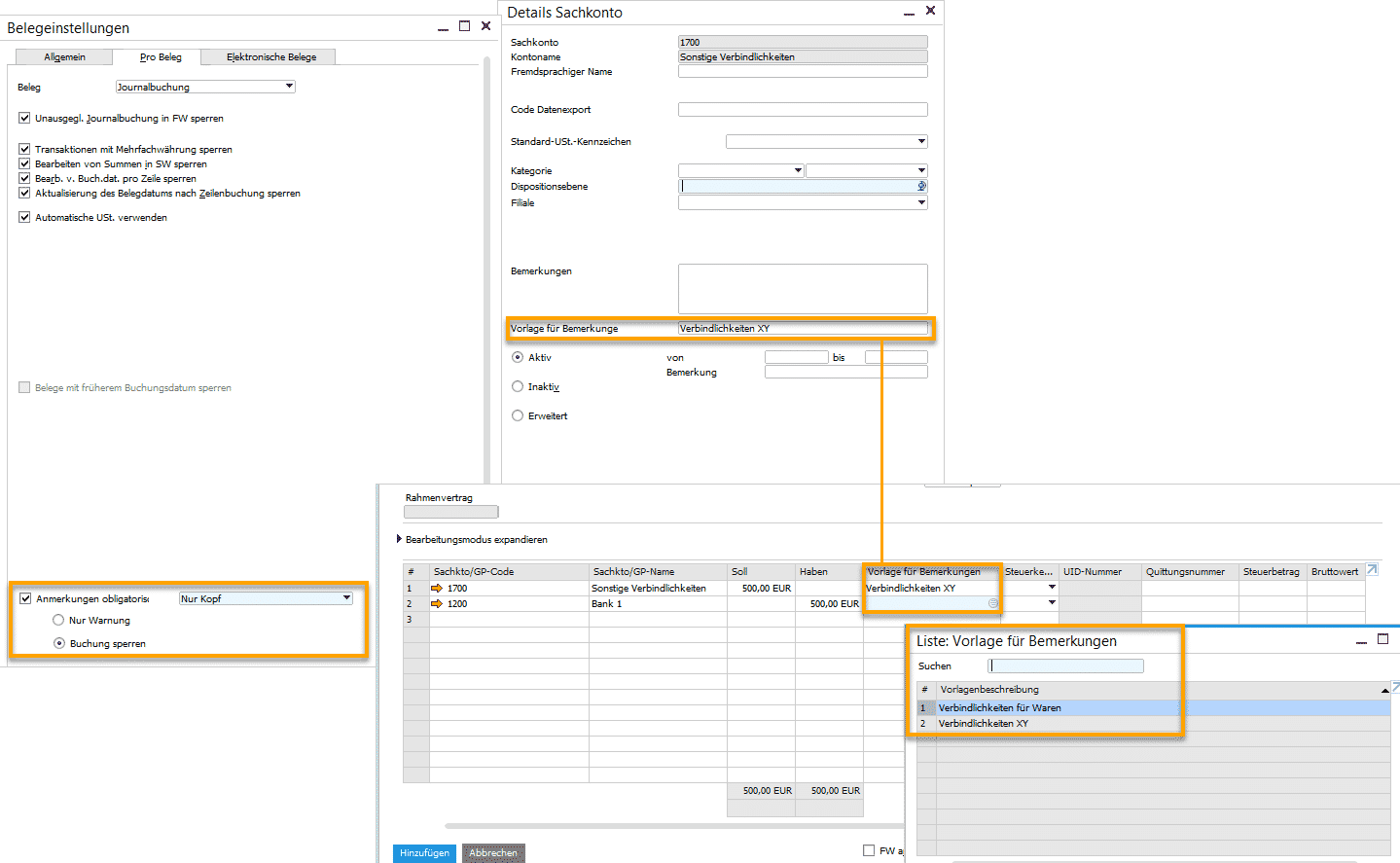 Verwenden Sie Vorlagen für Bemerkungen im Finanzwesen von SAP Business One 9.3