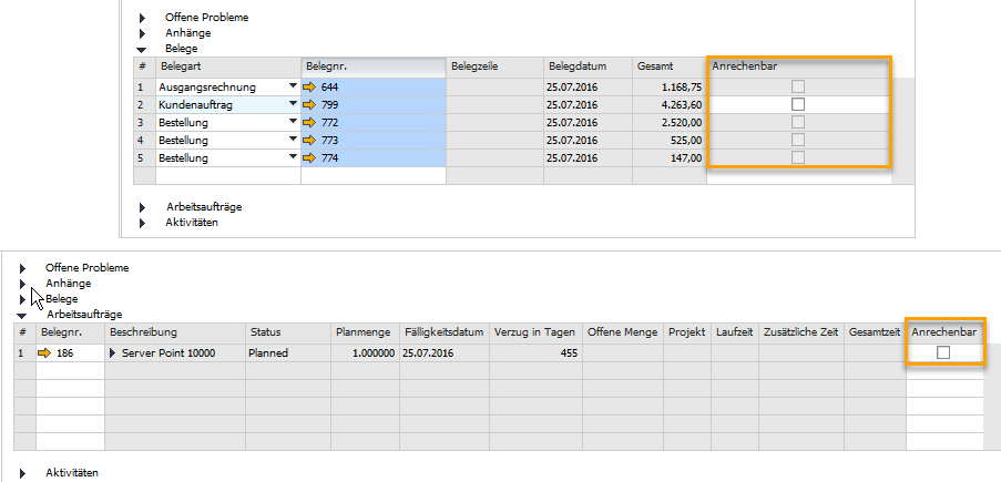 SAP Business One Version 9.3 - Projektmanagement - Projektübersicht - Belege anrechenbar setzen
