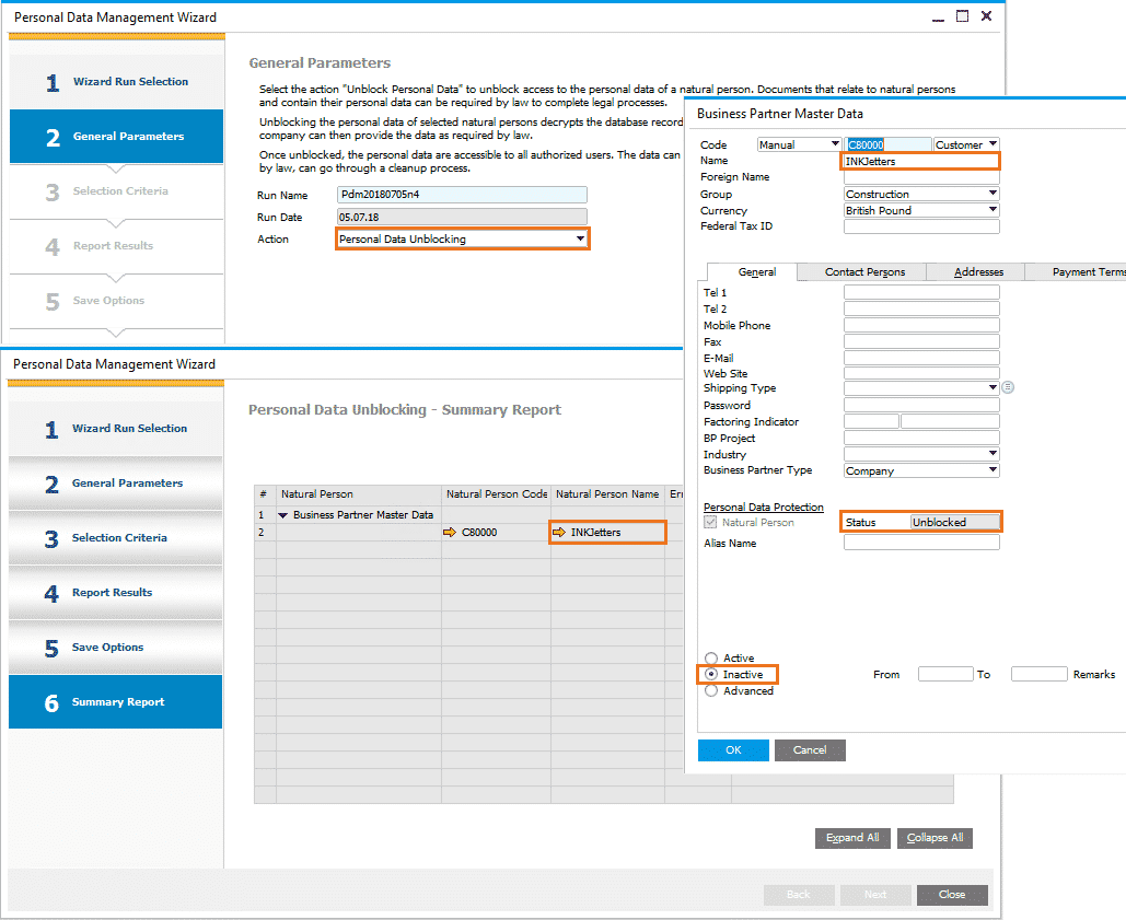 SAP Business One Version 9.3 - Datenschutz - Persönliche Daten entsperren