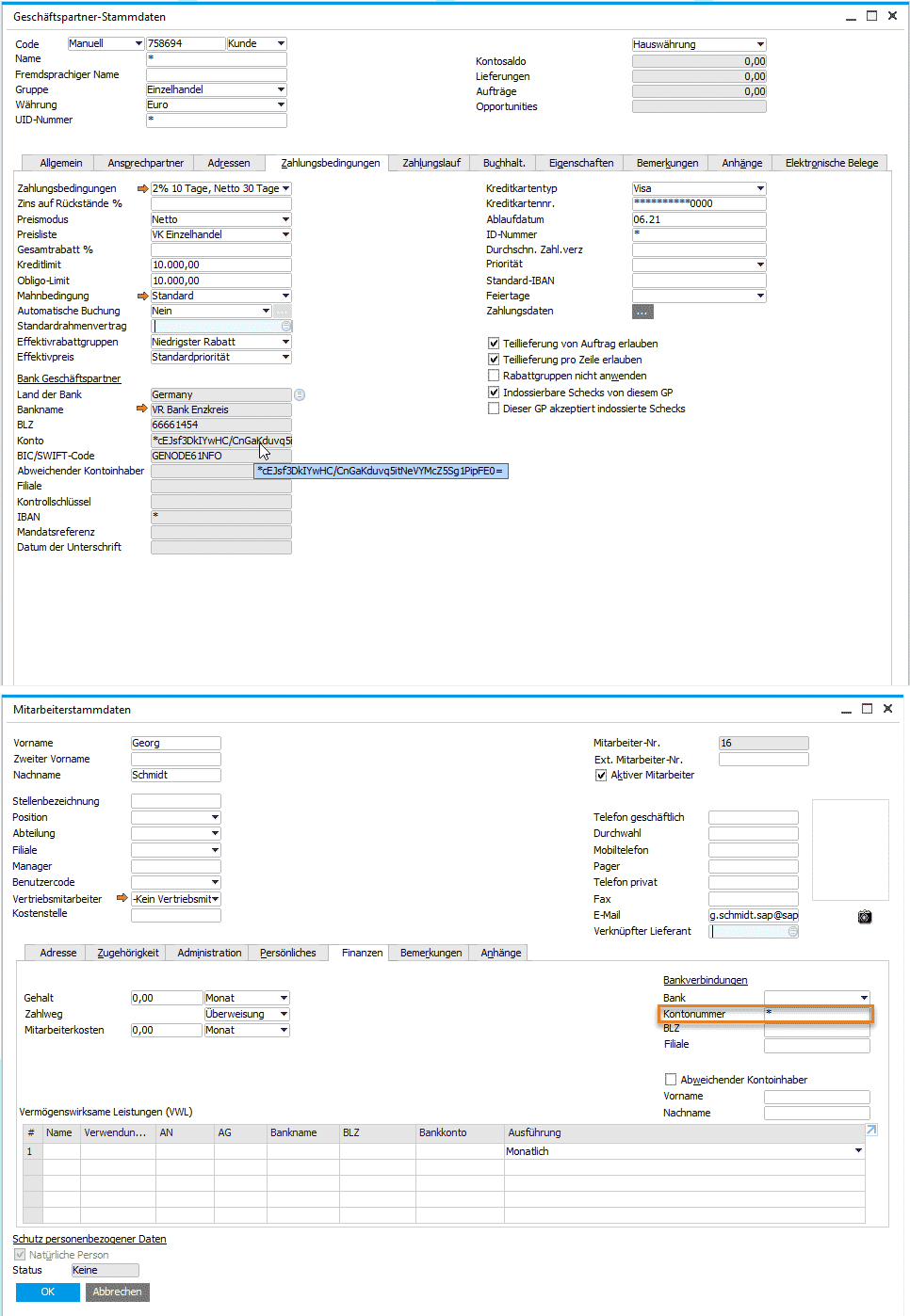 SAP Business One Version 9.3 - Datenschutz - Sensible persönliche Daten - Bankkonten natürlicher Personen