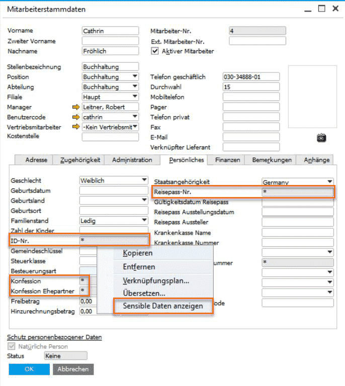 SAP Business One Version 9.3 - Datenschutz - Sensible persönliche Daten