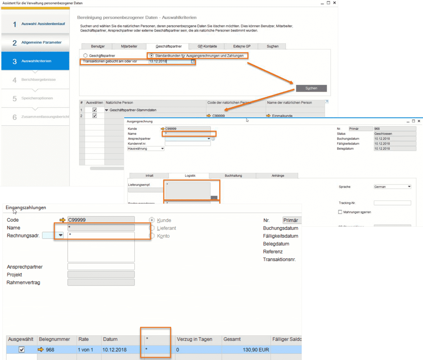 SAP Business One Version 9.3 - Datenschutz - Standardkunde für Ausgangsrechnung und Zahlung - Bereinigung persönlicher Daten